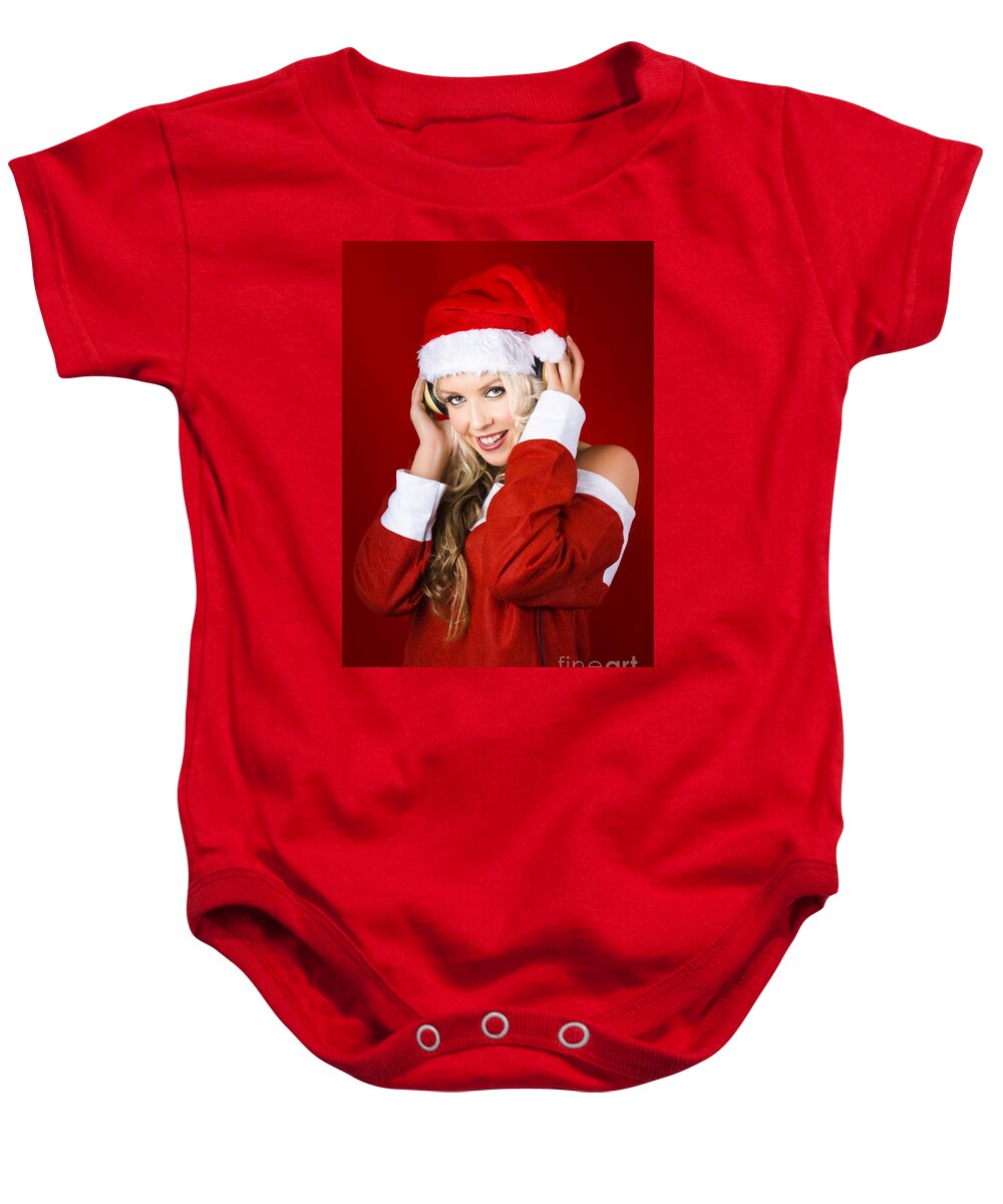 Christmas Baby Onesie featuring the photograph Happy Dj Christmas Girl Listening To Xmas Music by Jorgo Photography