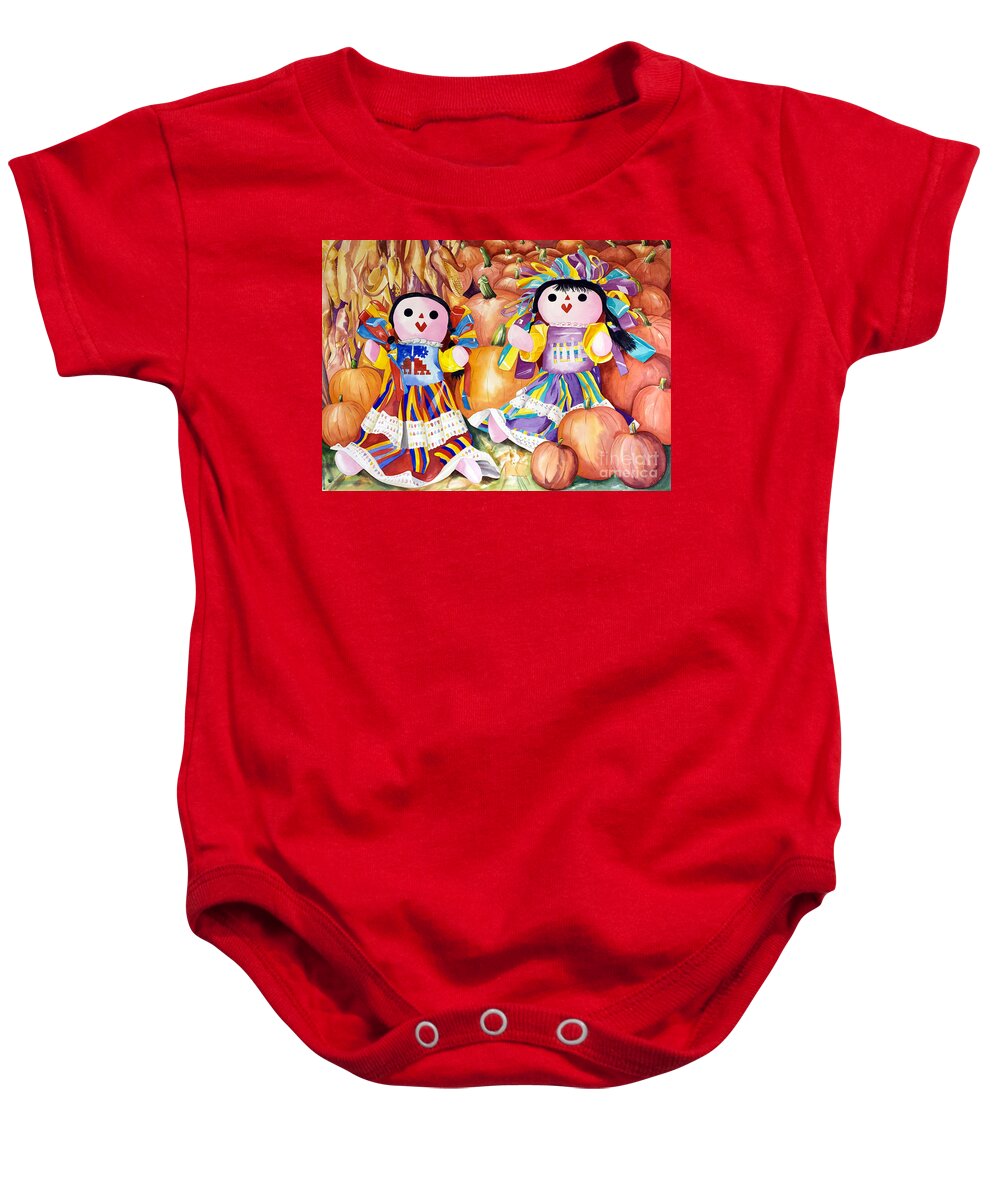 Girls Baby Onesie featuring the painting Pumpkin Patch Party by Kandyce Waltensperger