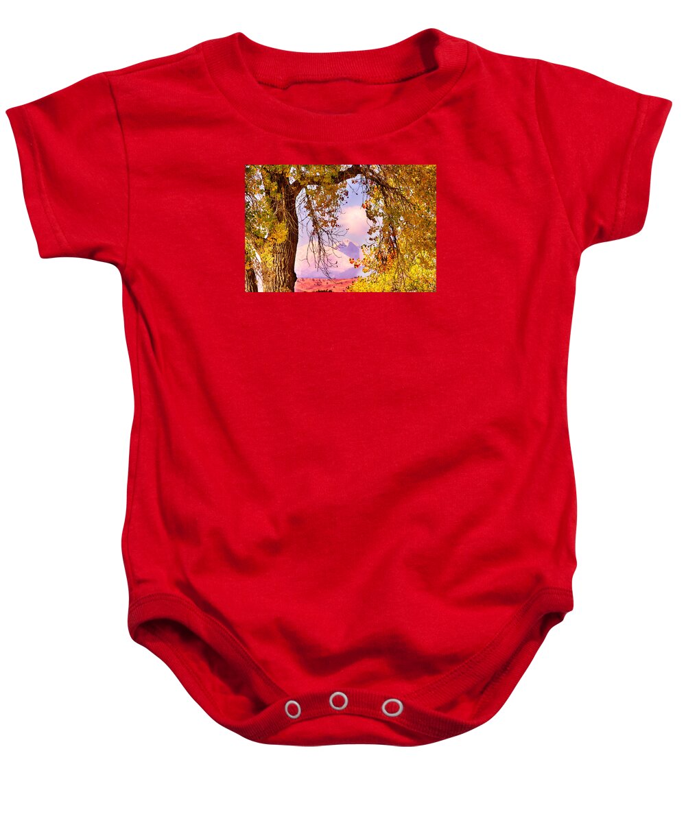 Autumn Baby Onesie featuring the photograph Autumn Cottonwood Twin Peaks View by James BO Insogna