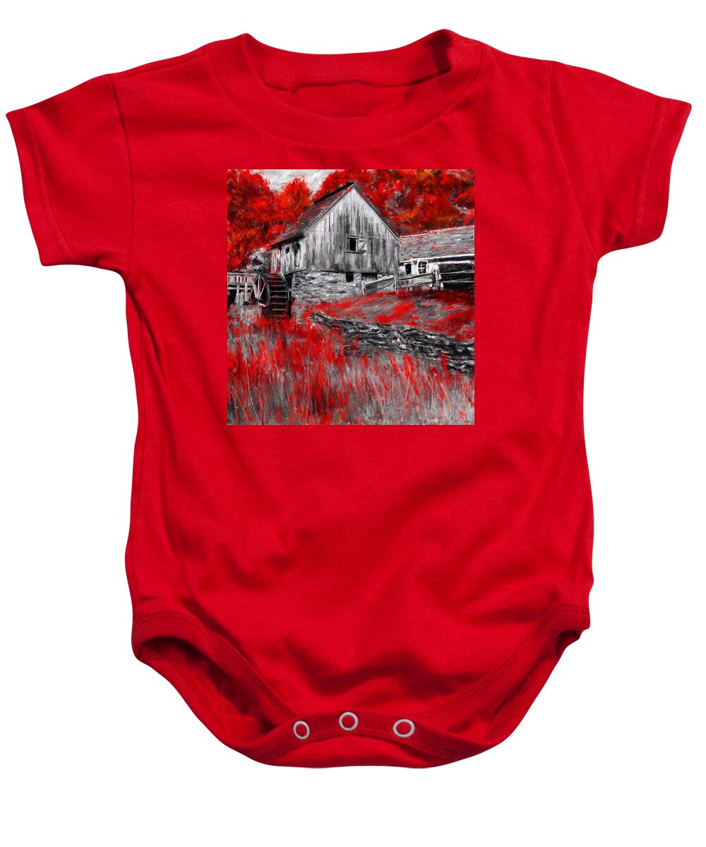 Gray And Red Art Baby Onesie featuring the painting Autumn Promise- Red and Gray Art by Lourry Legarde