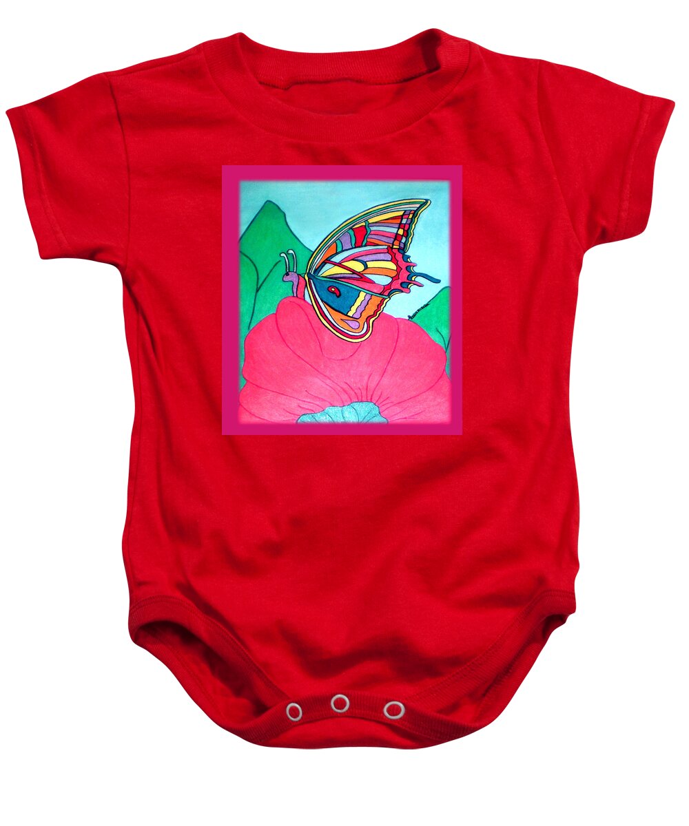 Colorful Butterfly On Pink Flower Baby Onesie featuring the pastel Butterfly on Pink Flower by Claire Decker