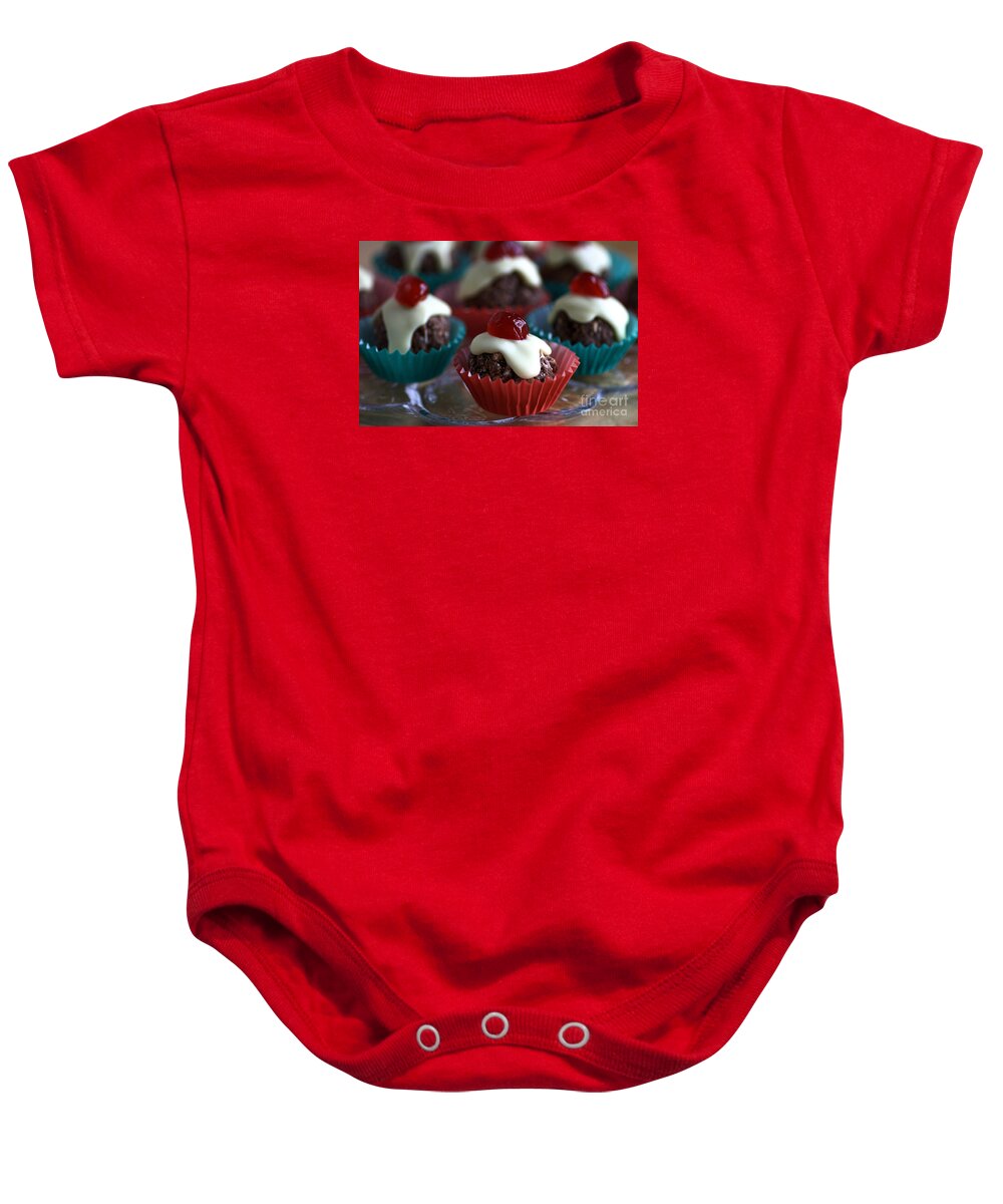 Christmas Pudding Cupcakes Baby Onesie featuring the photograph Cherry on top by Joy Watson