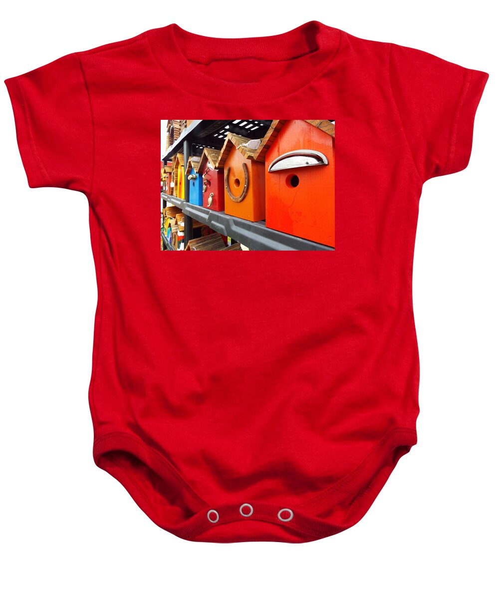 Birdhouses Baby Onesie featuring the photograph Colorful Condos by Caryl J Bohn