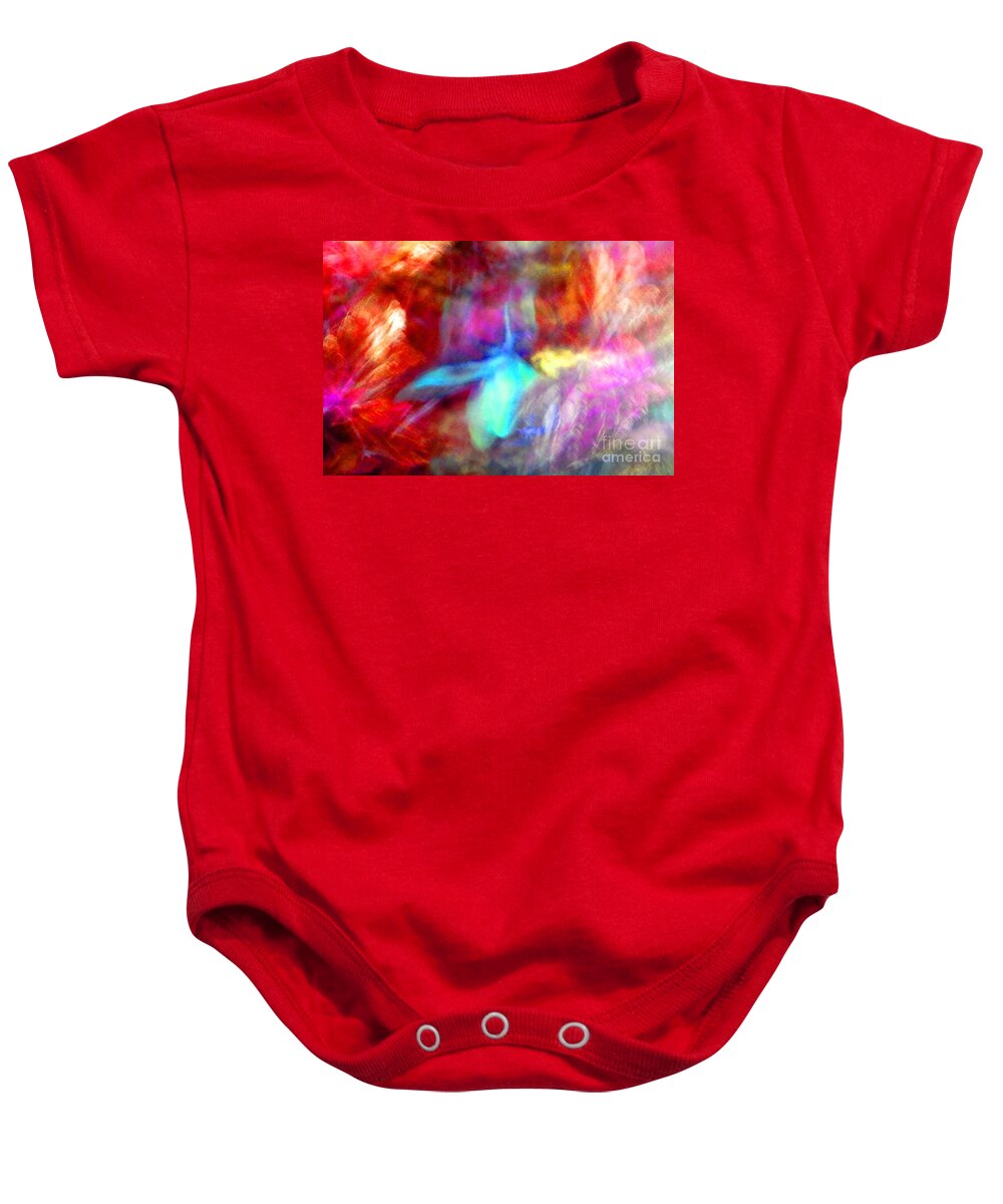 Abstract Baby Onesie featuring the photograph Falling Petal Abstract Red Magenta and Blue B by Heather Kirk
