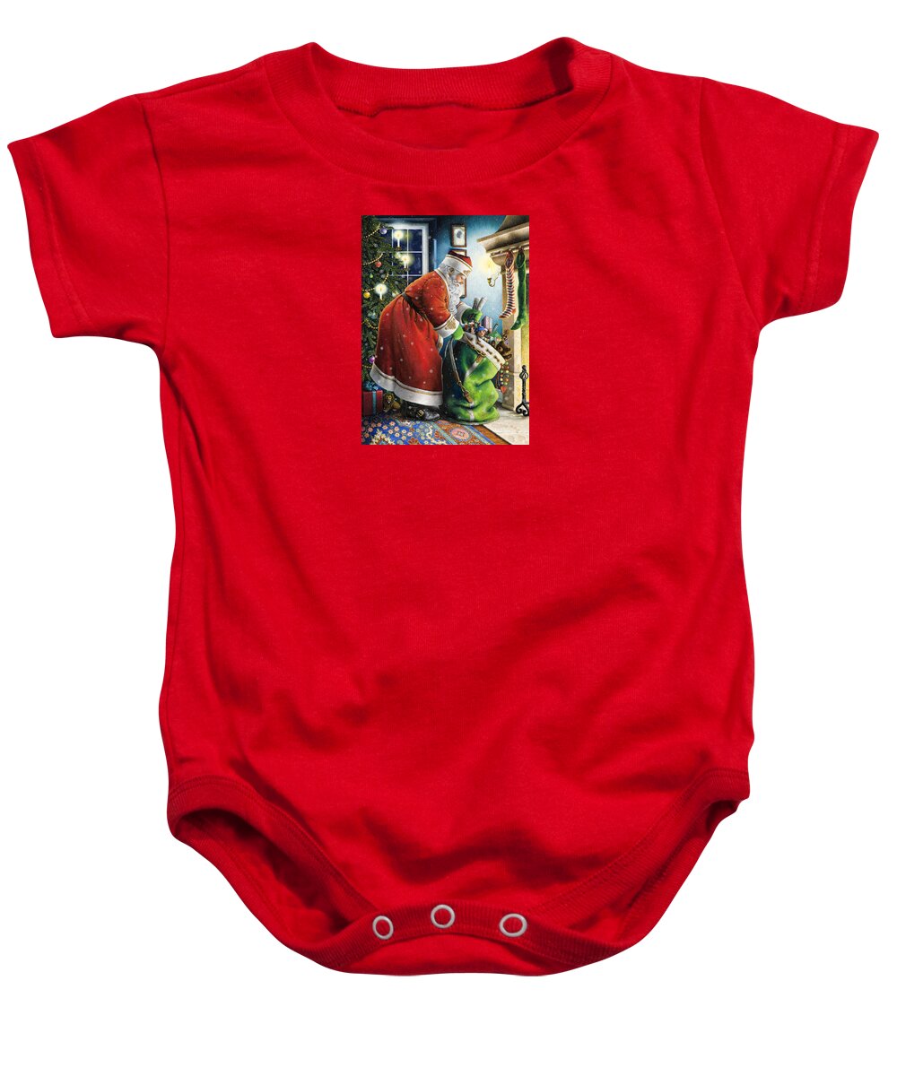 Santa Claus Baby Onesie featuring the painting Filling the Stockings by Lynn Bywaters