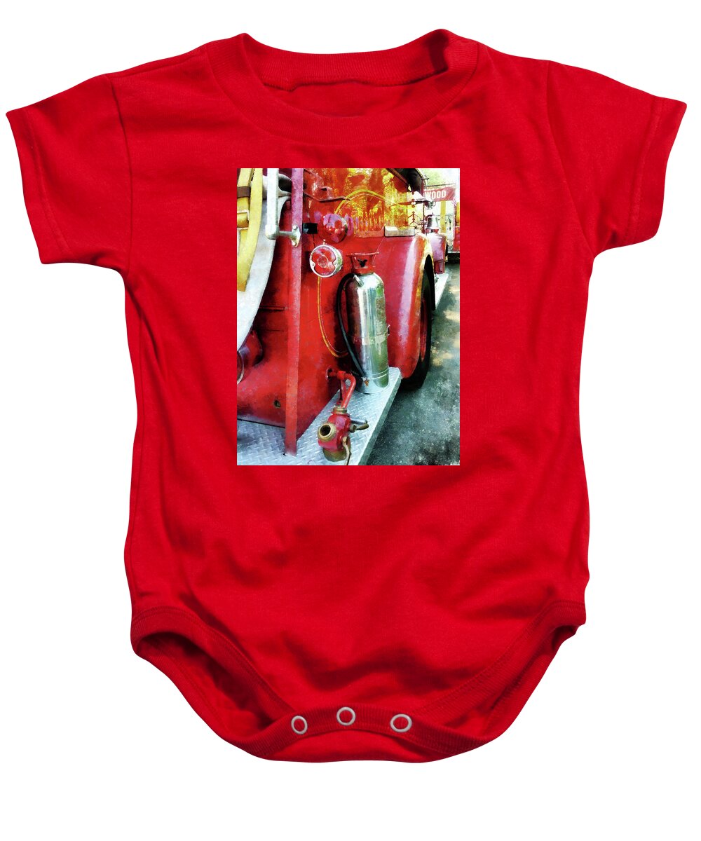 Firefighters Baby Onesie featuring the photograph Fireman - Fire Extinguisher on Fire Truck by Susan Savad
