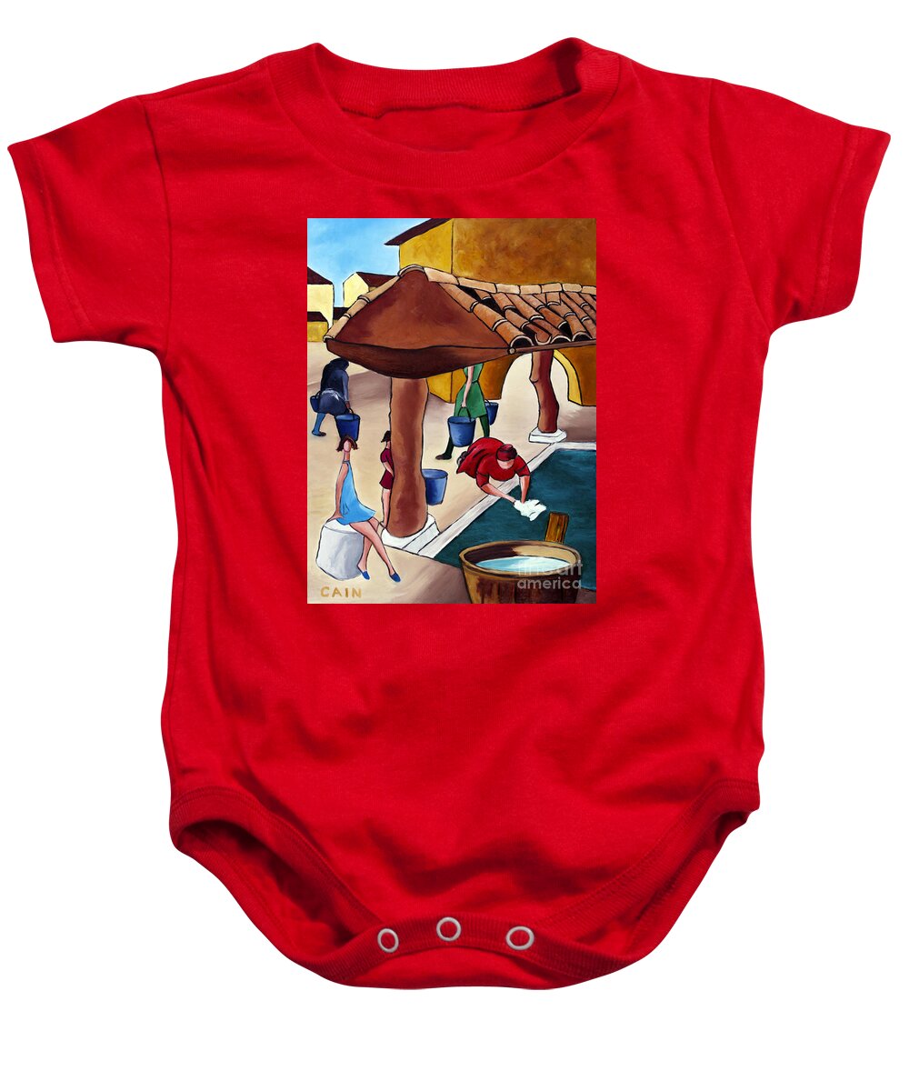 Flower Girl Baby Onesie featuring the painting Flower Girl And Tile Roof by William Cain