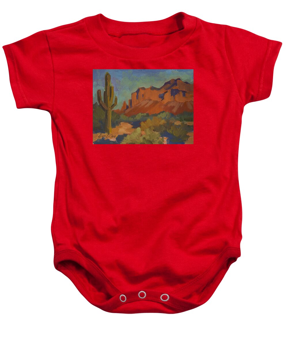 Late Afternoon Light Baby Onesie featuring the painting Late Afternoon Light at Superstition Mountain by Diane McClary