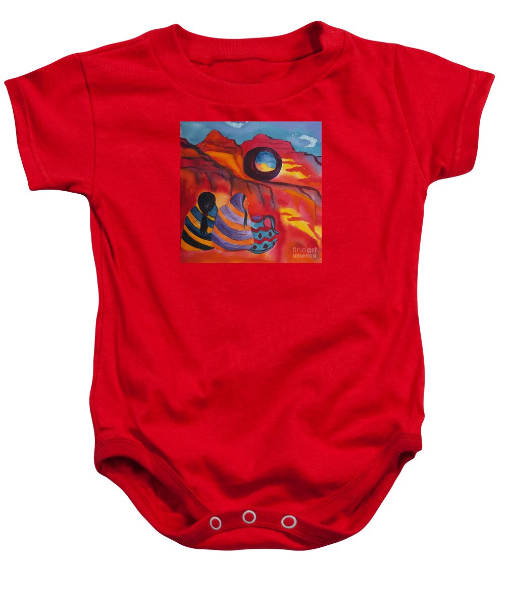 Window Rock Baby Onesie featuring the painting Native Women at Window Rock Square by Ellen Levinson