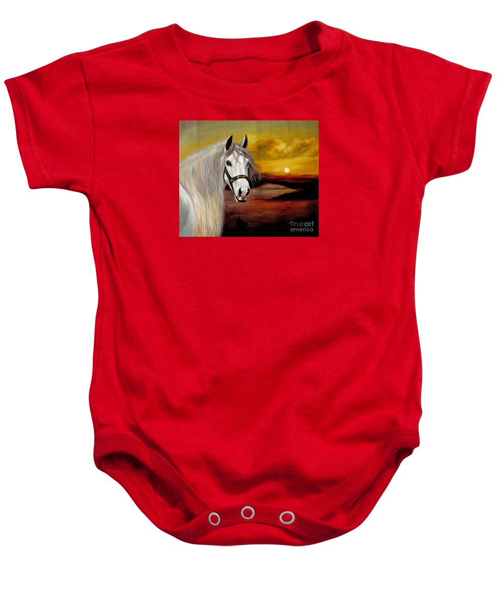 Original Baby Onesie featuring the painting Original Oil Painting Animal Art-horse In Sunset #015 by Hongtao Huang