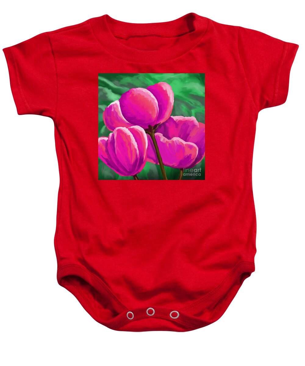 Contemporary Art Baby Onesie featuring the painting Pink Tulips on Green by Tim Gilliland