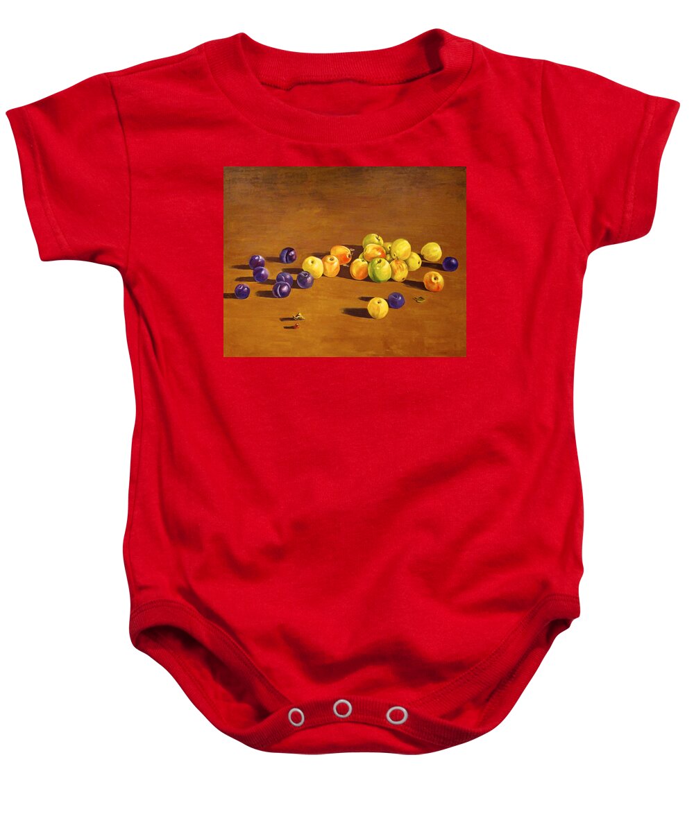 Fruit Baby Onesie featuring the painting Plums and Apples Still Life by Ingrid Dohm