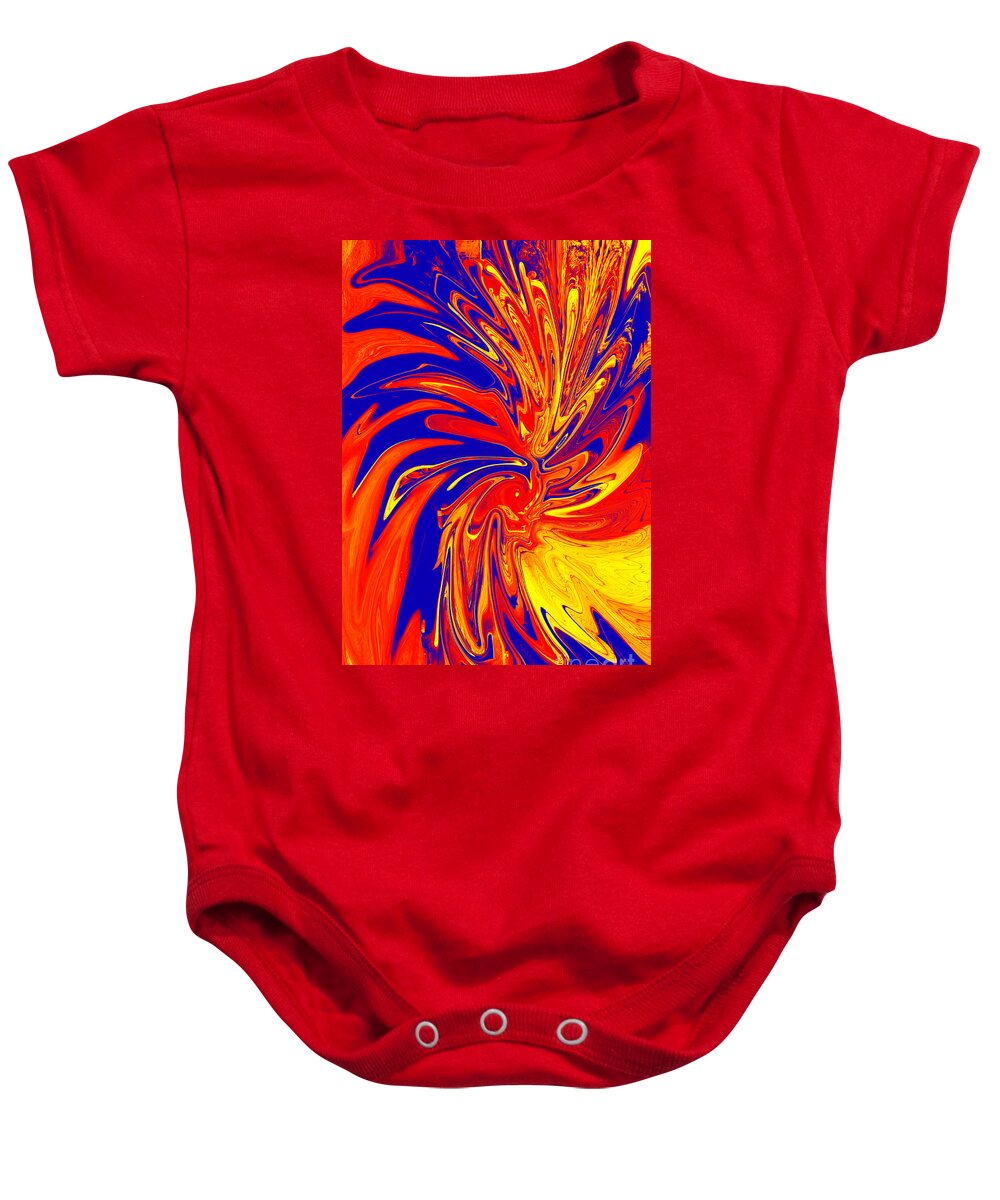 Red Baby Onesie featuring the digital art Red Blue Orange Red Yellow Swirl by Christopher Shellhammer