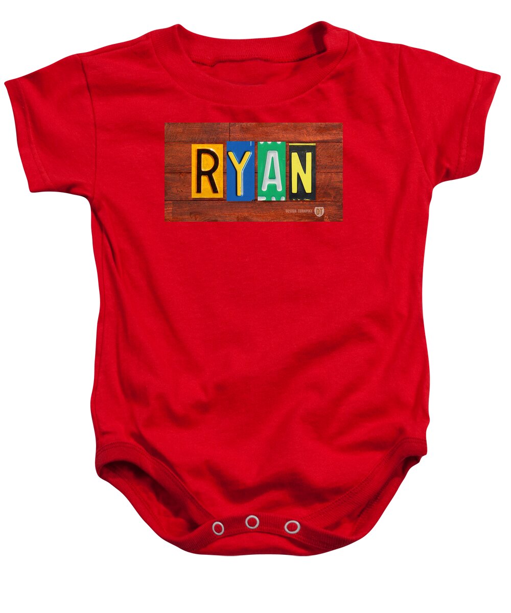 License Baby Onesie featuring the mixed media RYAN License Plate Name Sign Fun Kid Room Decor. by Design Turnpike