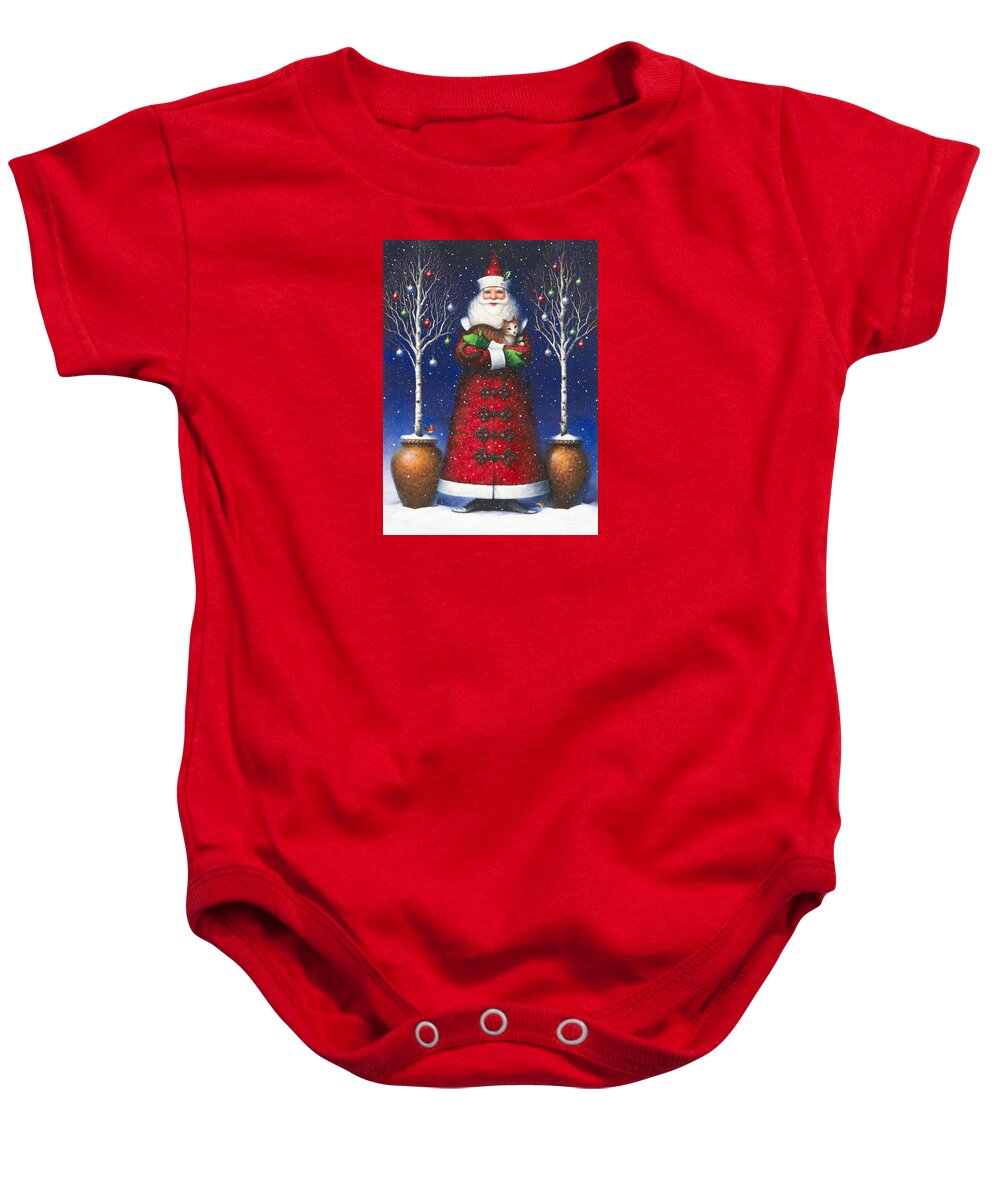 Santa Claus Baby Onesie featuring the painting Santa's Cat by Lynn Bywaters