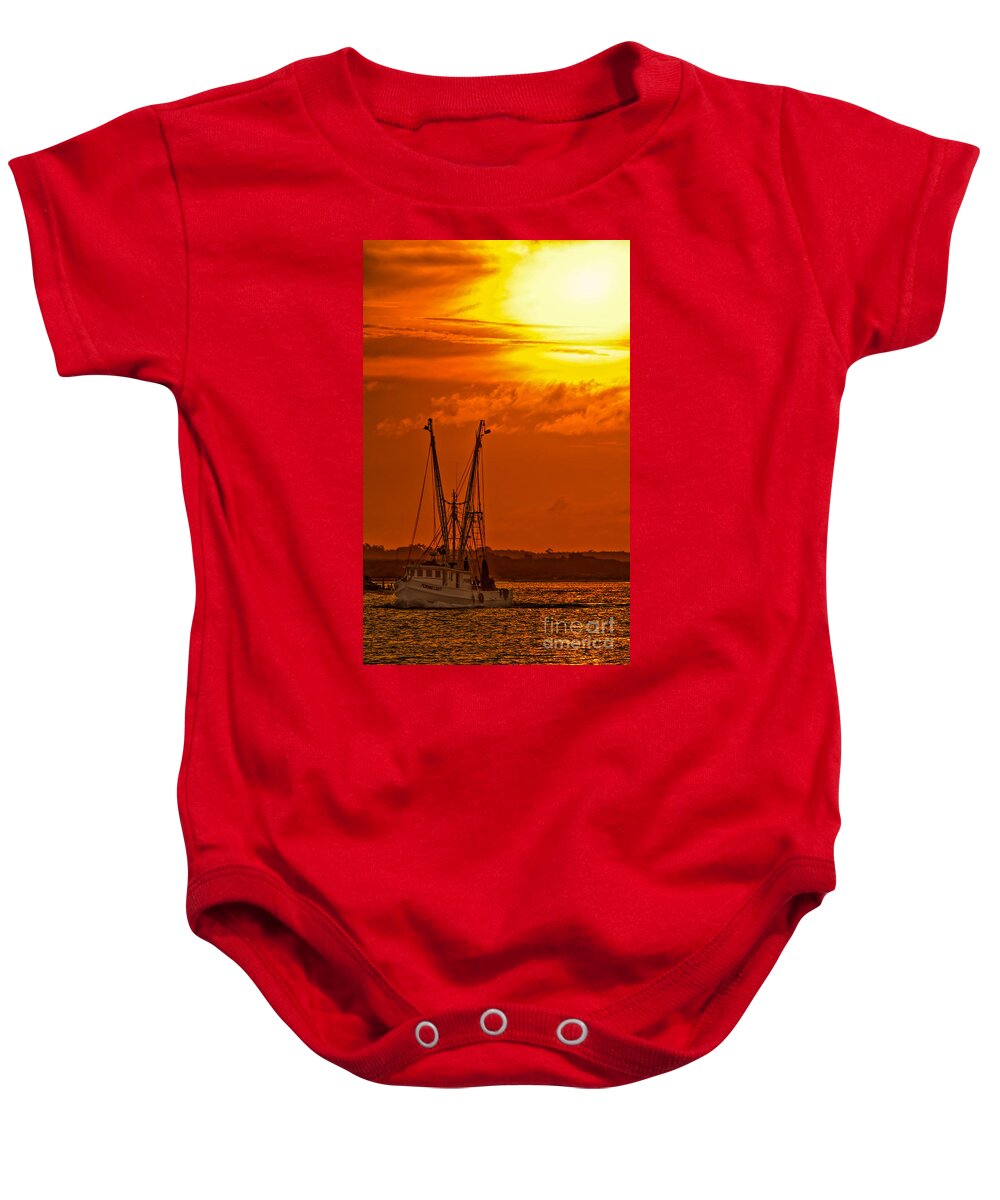 Shrimp Boat Sunrise Baby Onesie featuring the photograph Shrimp Boat Sunrise by Jemmy Archer