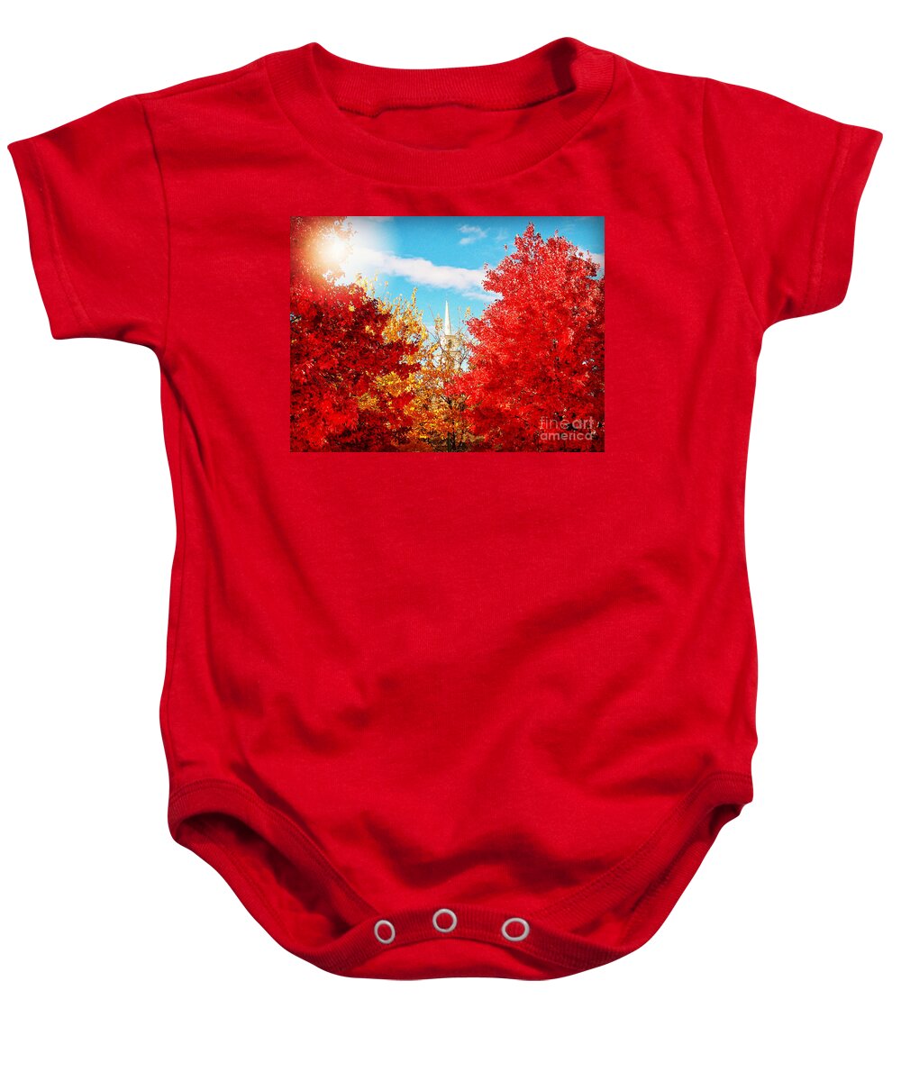 Nature Baby Onesie featuring the photograph Steeple with Red and Yellow Autumn Trees by Miriam Danar