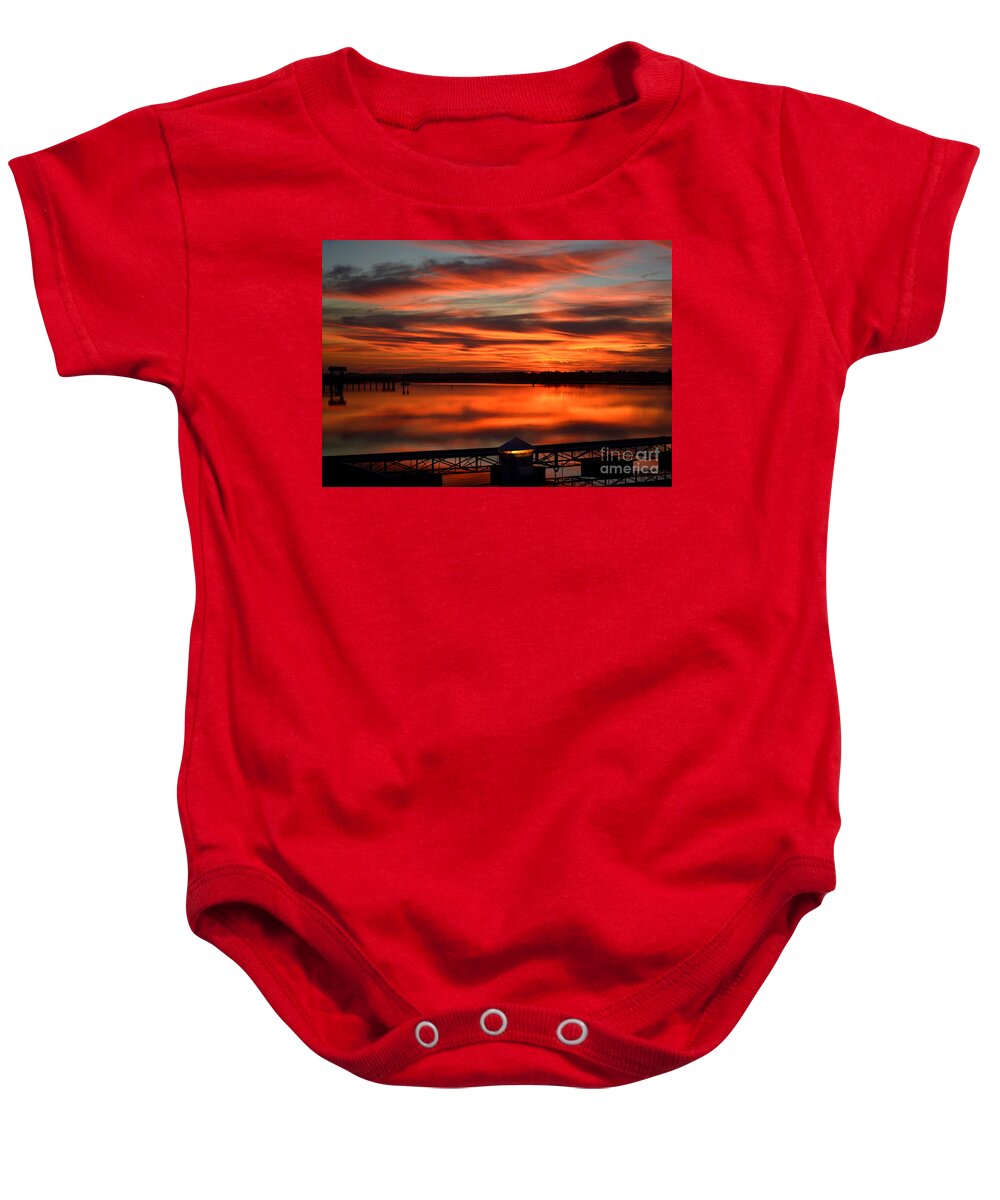 Scenic Baby Onesie featuring the photograph Sunset At Marlin Quay Marina by Kathy Baccari