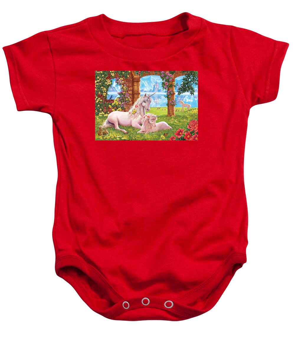 Steve Crisp Baby Onesie featuring the photograph Unicorn Mother and foal by MGL Meiklejohn Graphics Licensing