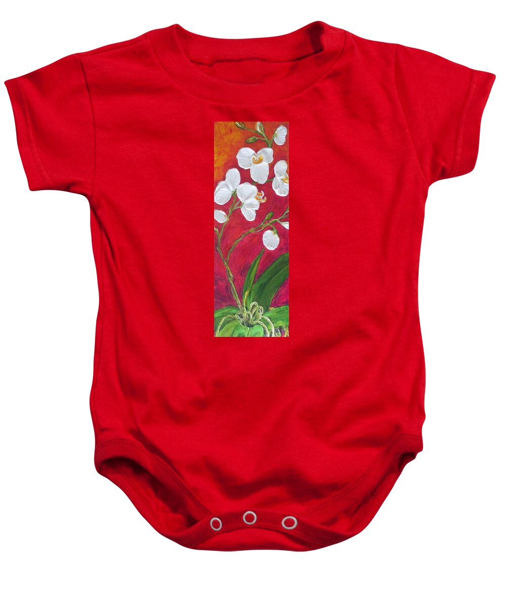 Orchid Baby Onesie featuring the painting White Orchid on Red by Paris Wyatt Llanso