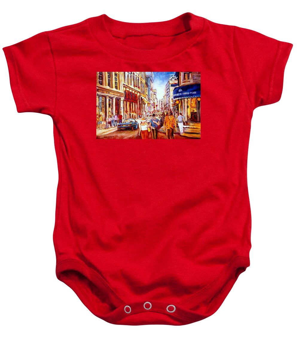 Montreal Baby Onesie featuring the painting Old Montreal Paintings Restaurant Du Vieux Port Rue St. Paul Montreal Street Scene by Carole Spandau