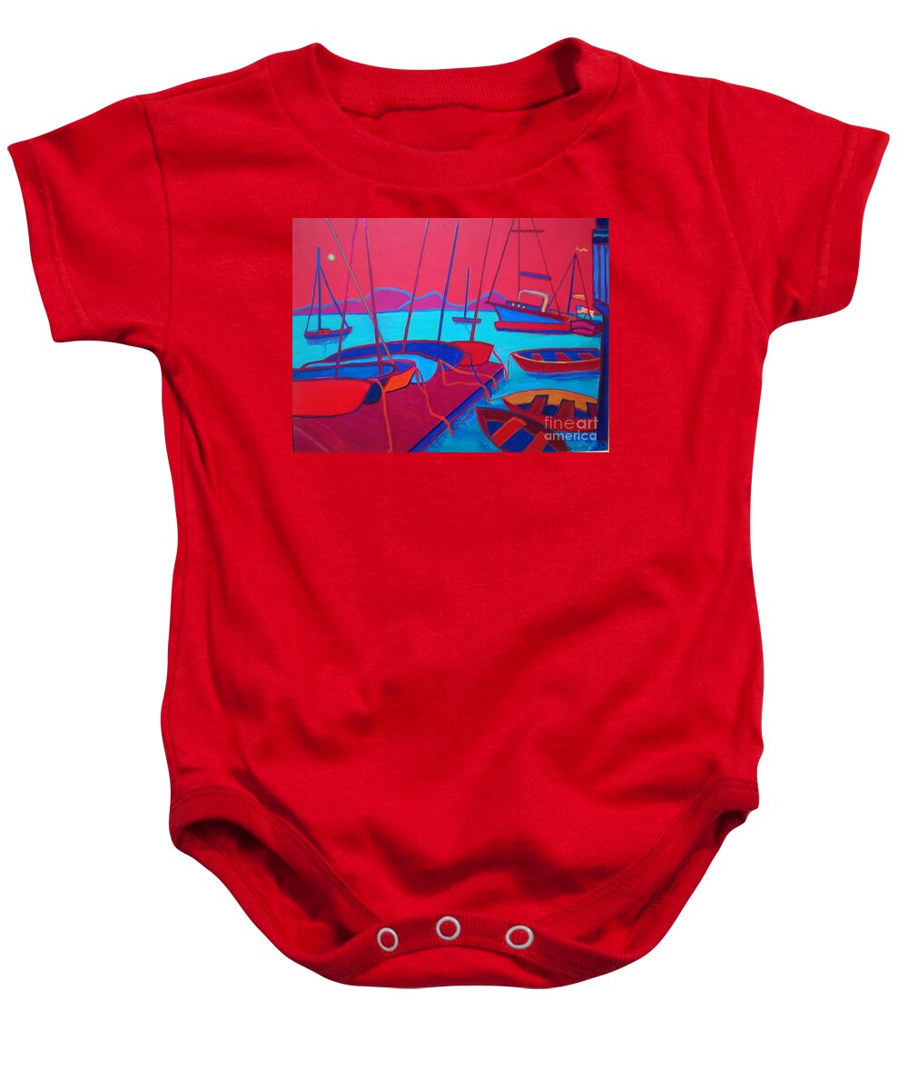 Seascape Baby Onesie featuring the painting Docked Manchester Harbor by Debra Bretton Robinson