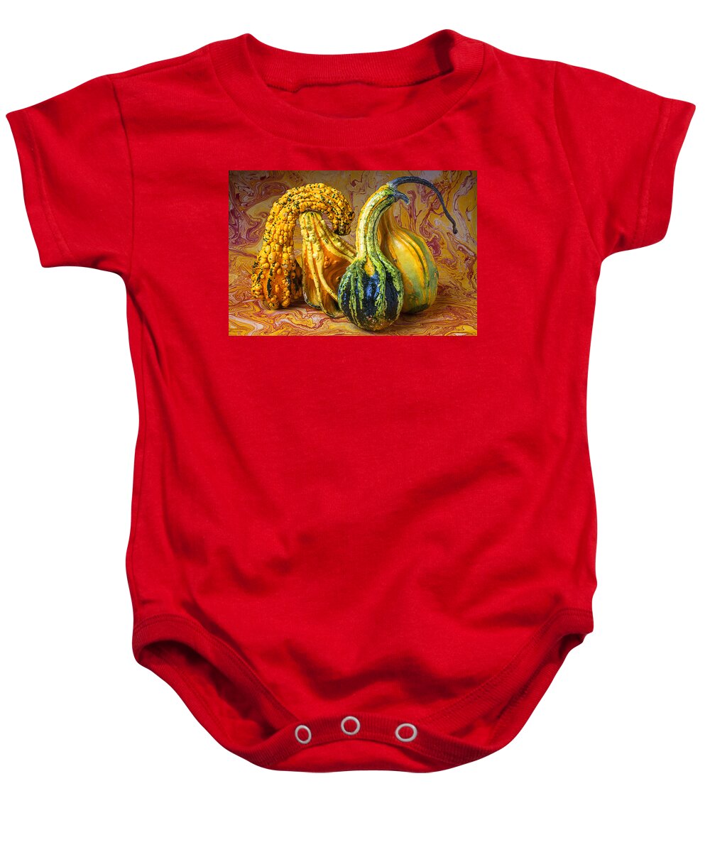 Four Green Baby Onesie featuring the photograph Four Gourds by Garry Gay