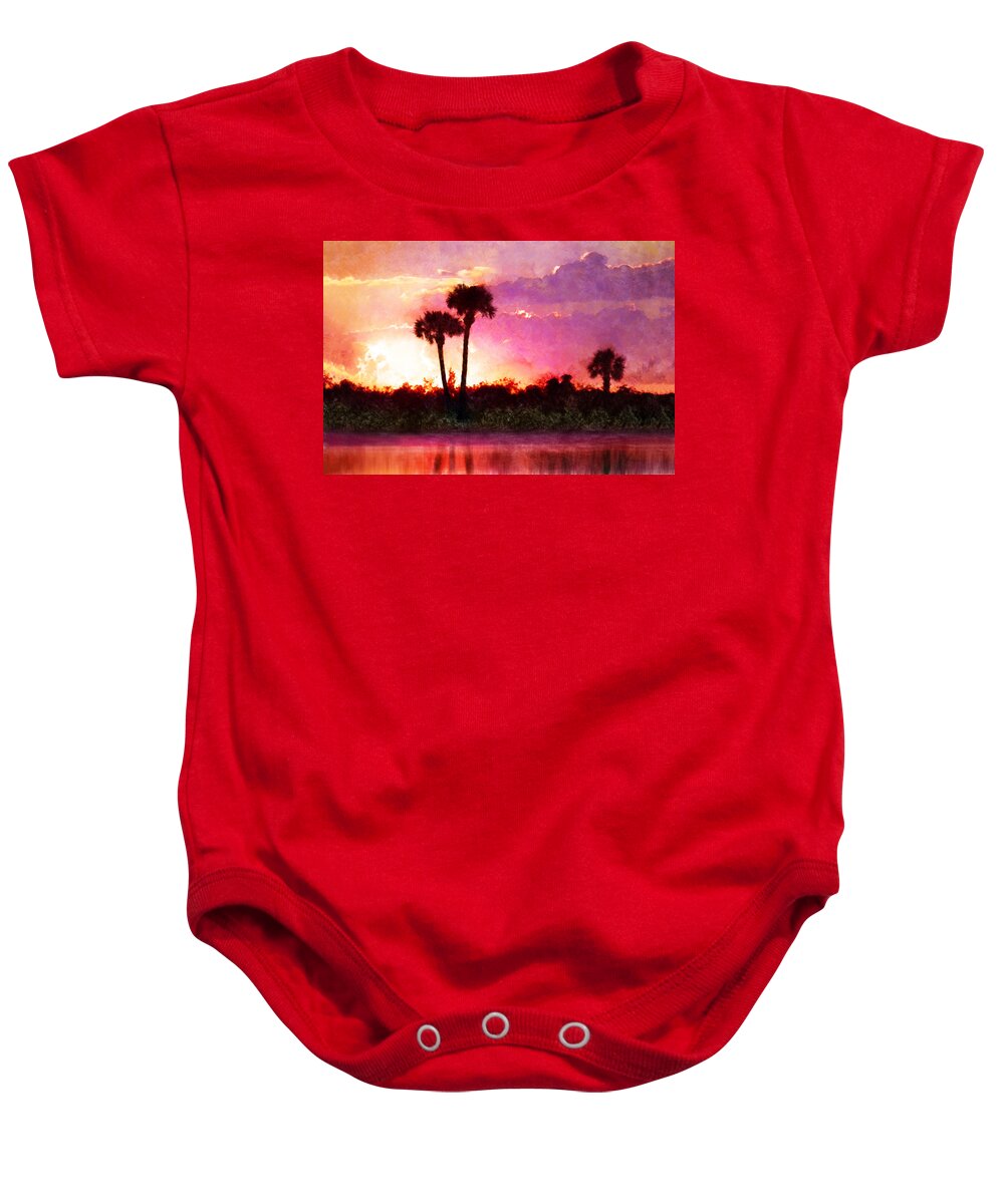 Landscape Baby Onesie featuring the digital art Third Palm Sunset by Frances Miller