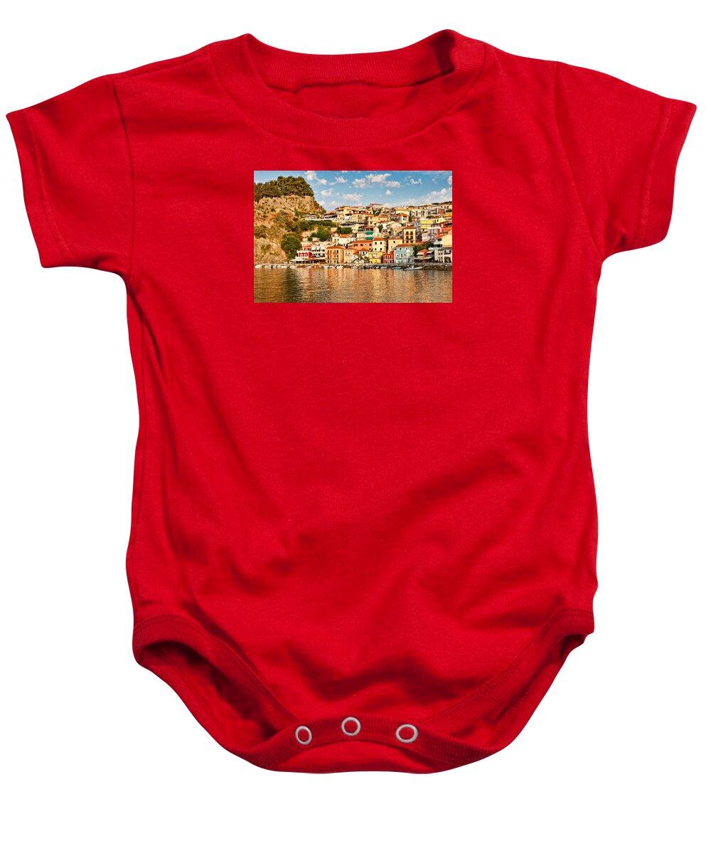 Architectural Baby Onesie featuring the photograph The colorful houses of Parga - Greece by Constantinos Iliopoulos