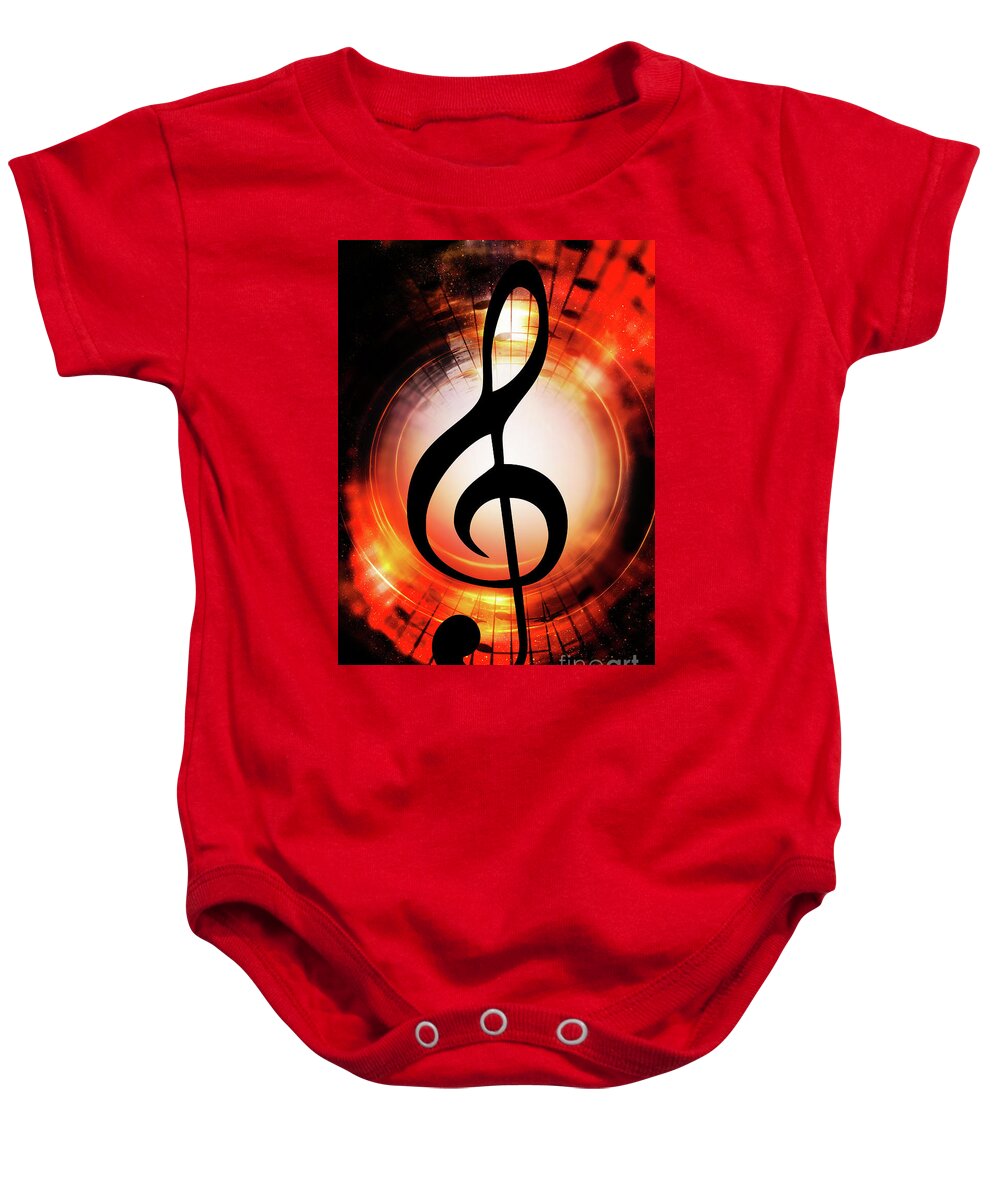 Music notes and clef in space with stars. abstract color background. Music  concept. Onesie by Jozef Klopacka - Pixels