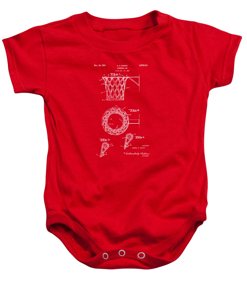Basketball Baby Onesie featuring the digital art 1951 Basketball Net Patent Artwork - Red by Nikki Marie Smith