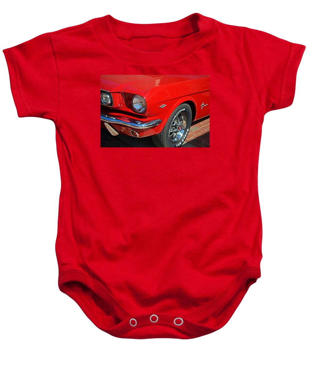 1965 Baby Onesie featuring the photograph 1965 Red Ford Mustang Classic Car by Toby McGuire