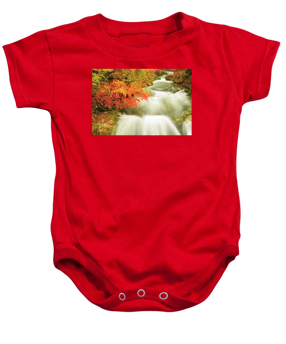 Soteska Baby Onesie featuring the photograph The Soteska Vintgar gorge in Autumn by Ian Middleton