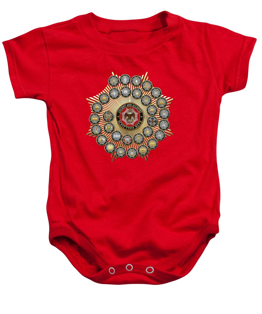 'scottish Rite' Collection By Serge Averbukh Baby Onesie featuring the digital art 33 Scottish Rite Degrees on Red Leather by Serge Averbukh