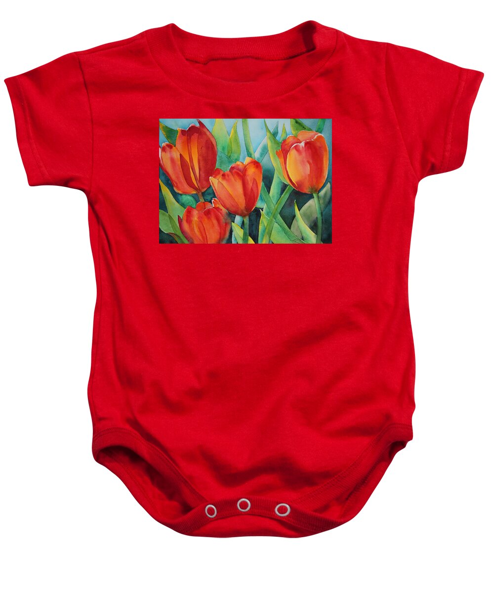 Red Flowers Baby Onesie featuring the painting 4 Red Tulips by Ruth Kamenev