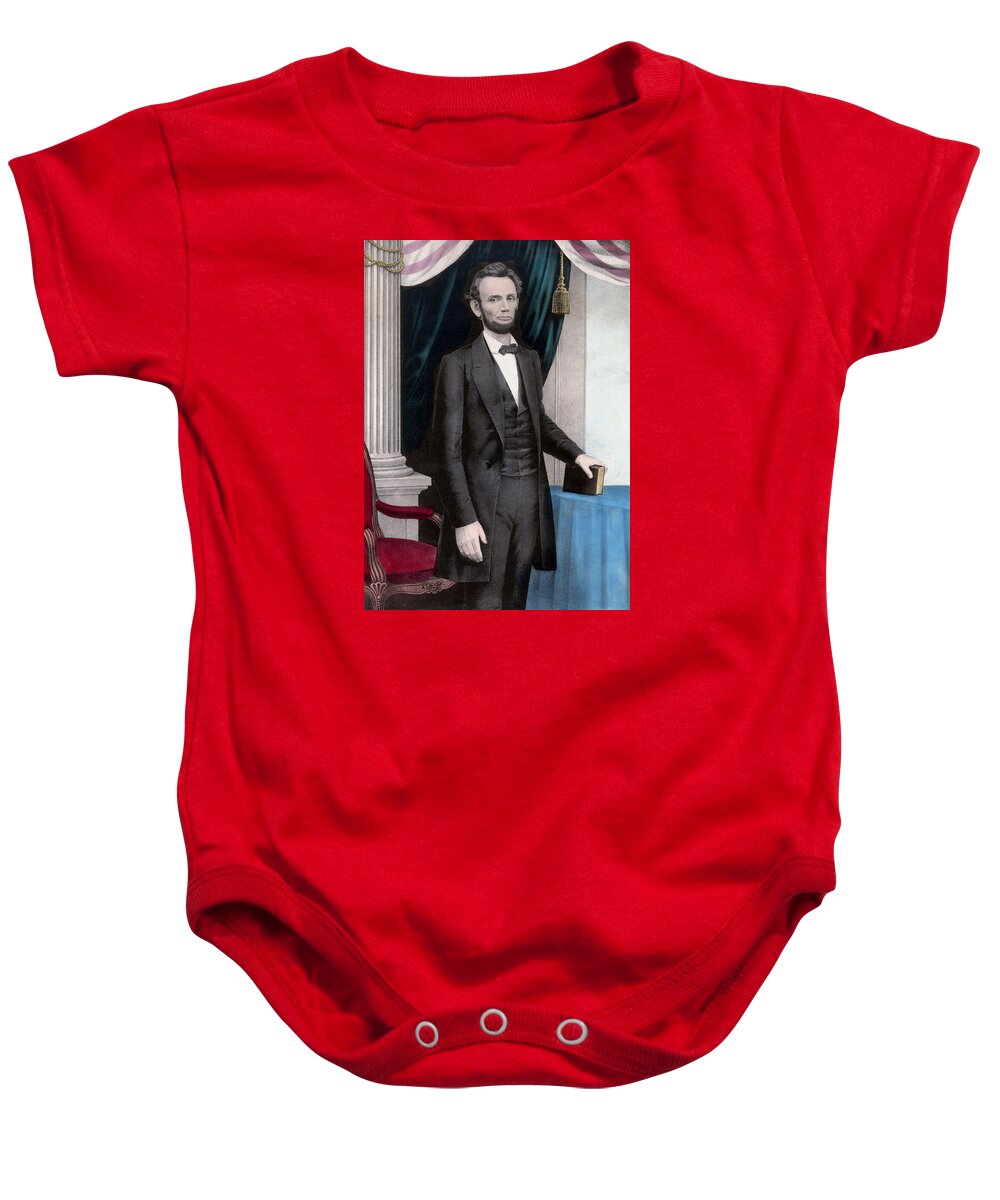 Abraham Lincoln Baby Onesie featuring the painting President Abraham Lincoln #1 by War Is Hell Store