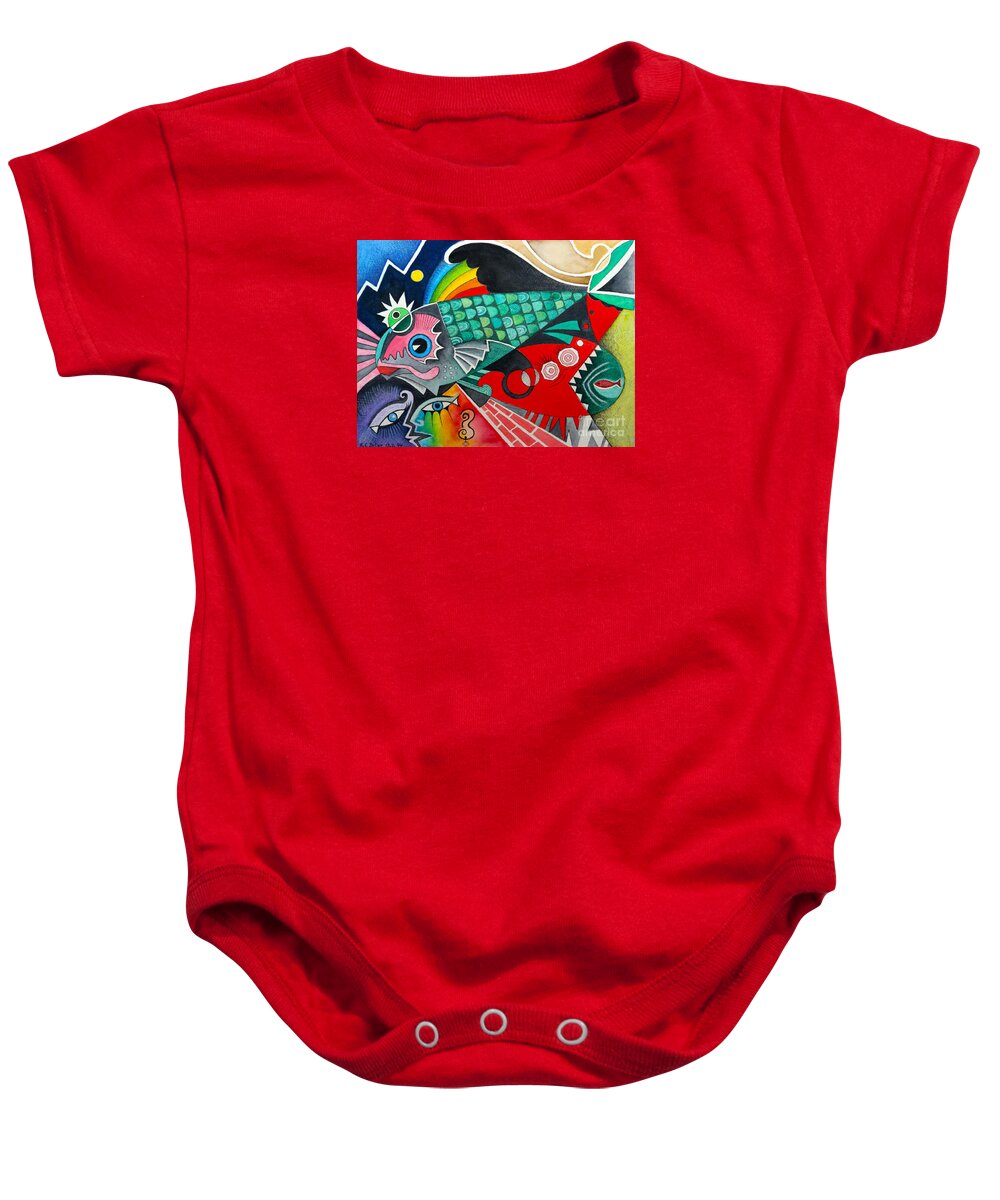 Fish Baby Onesie featuring the painting Abstract Fish by Karin Zeller