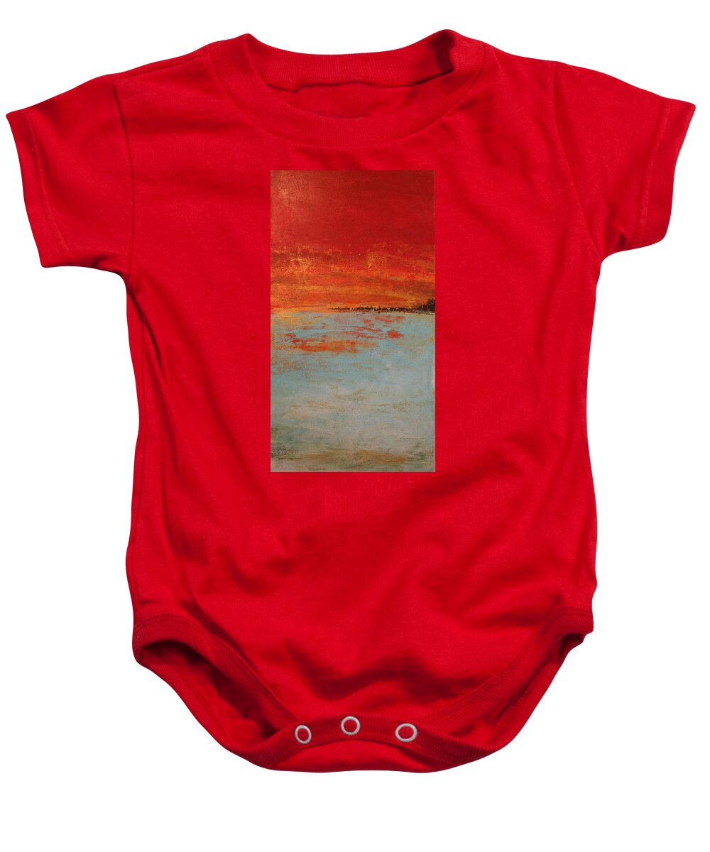 Teal Baby Onesie featuring the painting Abstract Teal Gold Red Landscape by Alma Yamazaki