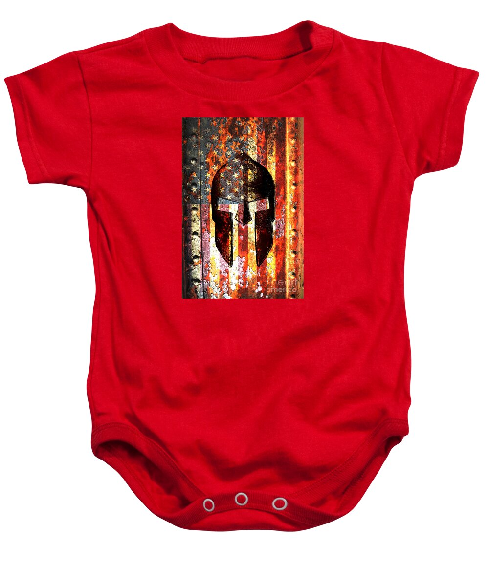 Gun Baby Onesie featuring the digital art American Flag And Spartan Helmet On Rusted Metal Door - Molon Labe by M L C