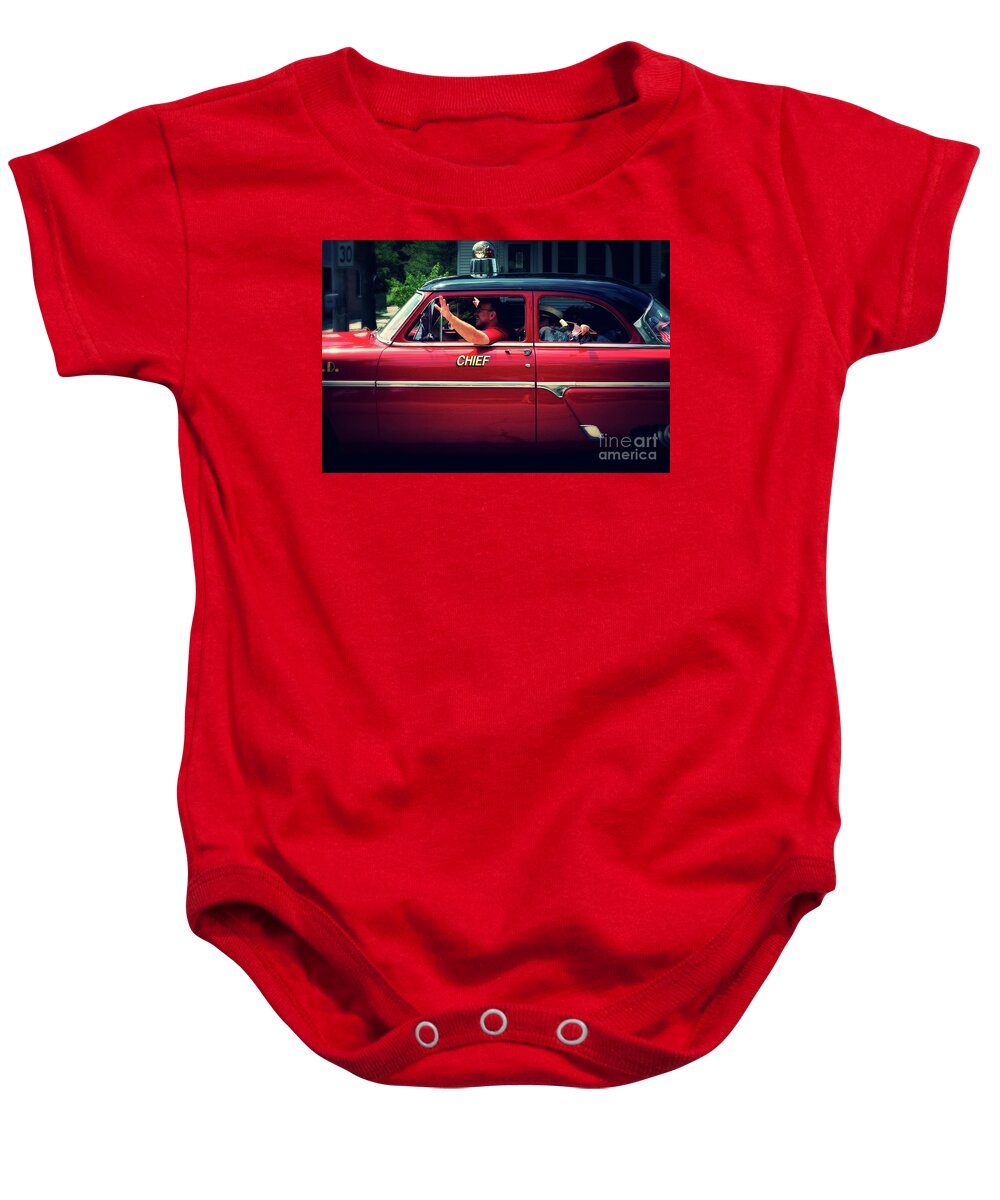 Color Baby Onesie featuring the photograph Antique Fire Chief Car by Frank J Casella