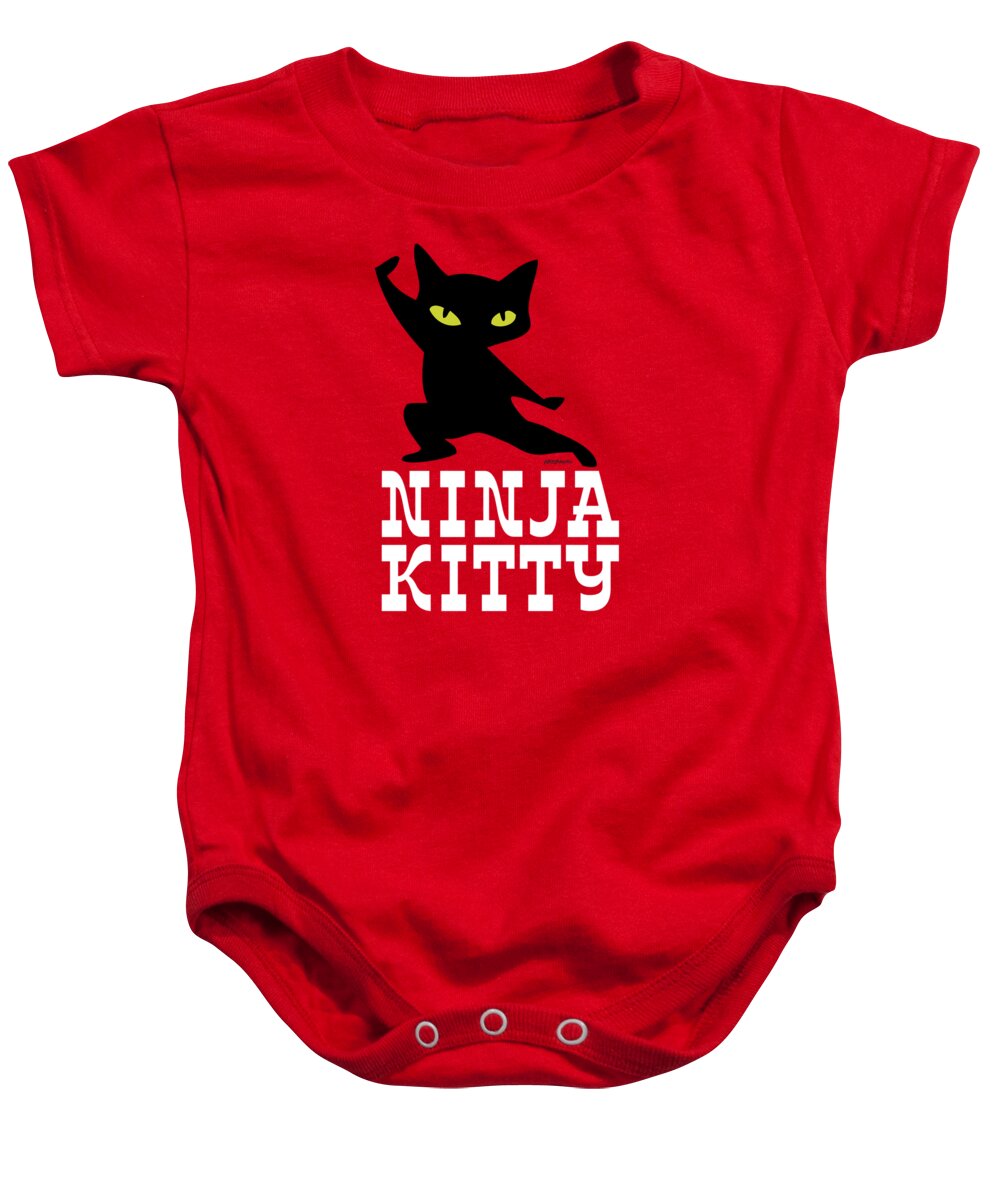 Ninja Kitty Baby Onesie featuring the mixed media Ninja Kitty Retro Poster by Tom Mayer II Monkey Crisis On Mars