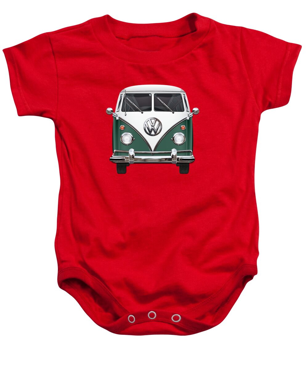 'volkswagen Type 2' Collection By Serge Averbukh Baby Onesie featuring the photograph Volkswagen Type 2 - Green and White Volkswagen T 1 Samba Bus over Red Canvas by Serge Averbukh