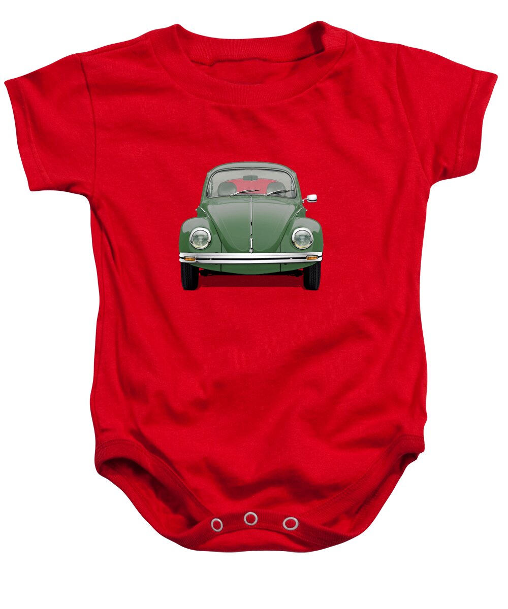 'volkswagen - Bugs And Buses' Collection By Serge Averbukh Baby Onesie featuring the digital art Volkswagen Type 1 - Green Volkswagen Beetle on Red Canvas by Serge Averbukh