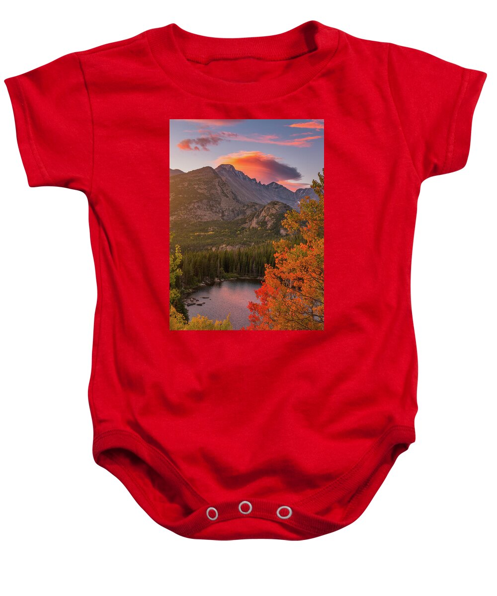 Sunrise Baby Onesie featuring the photograph Autumn Sunrise over Longs Peak by Darren White