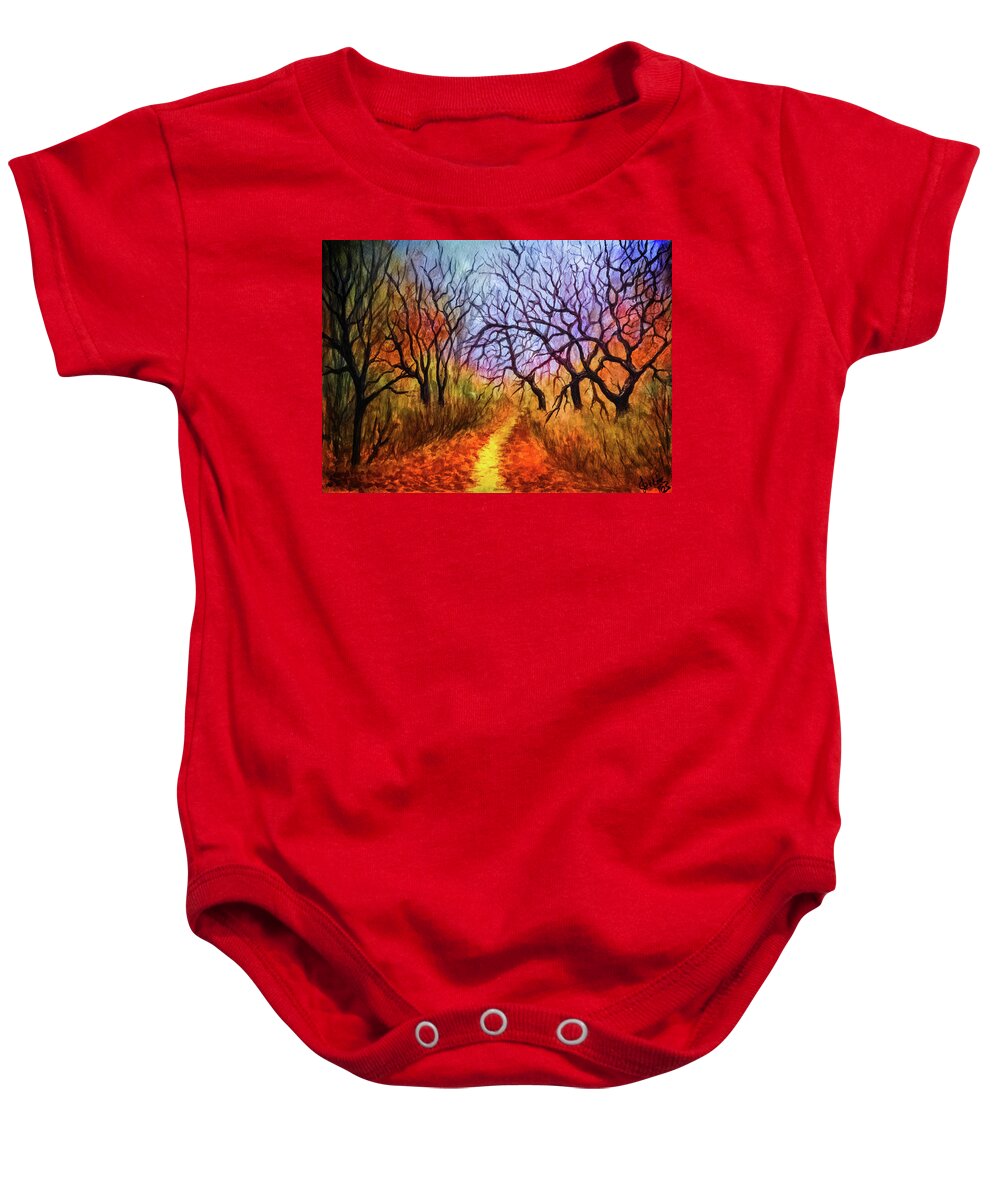 Autumn Landscape Baby Onesie featuring the painting Autumn's Secret Path by Lilia S