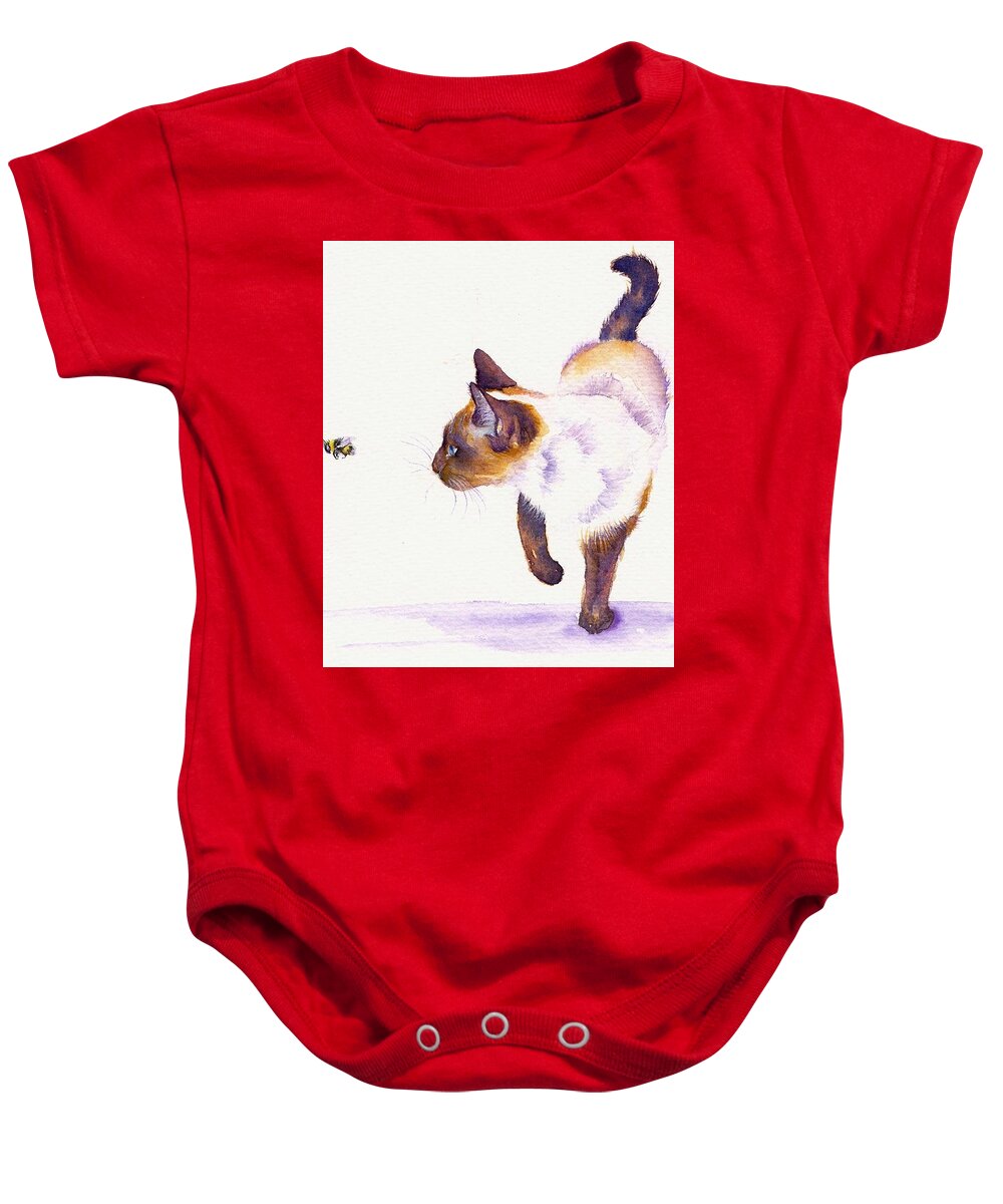 Cat Baby Onesie featuring the painting Prowling Cat - Bee Free by Debra Hall