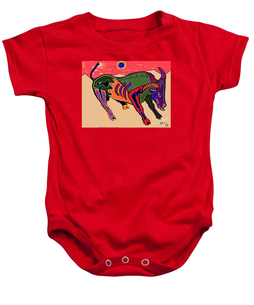  Baby Onesie featuring the digital art Blue sun and bull by Hans Magden