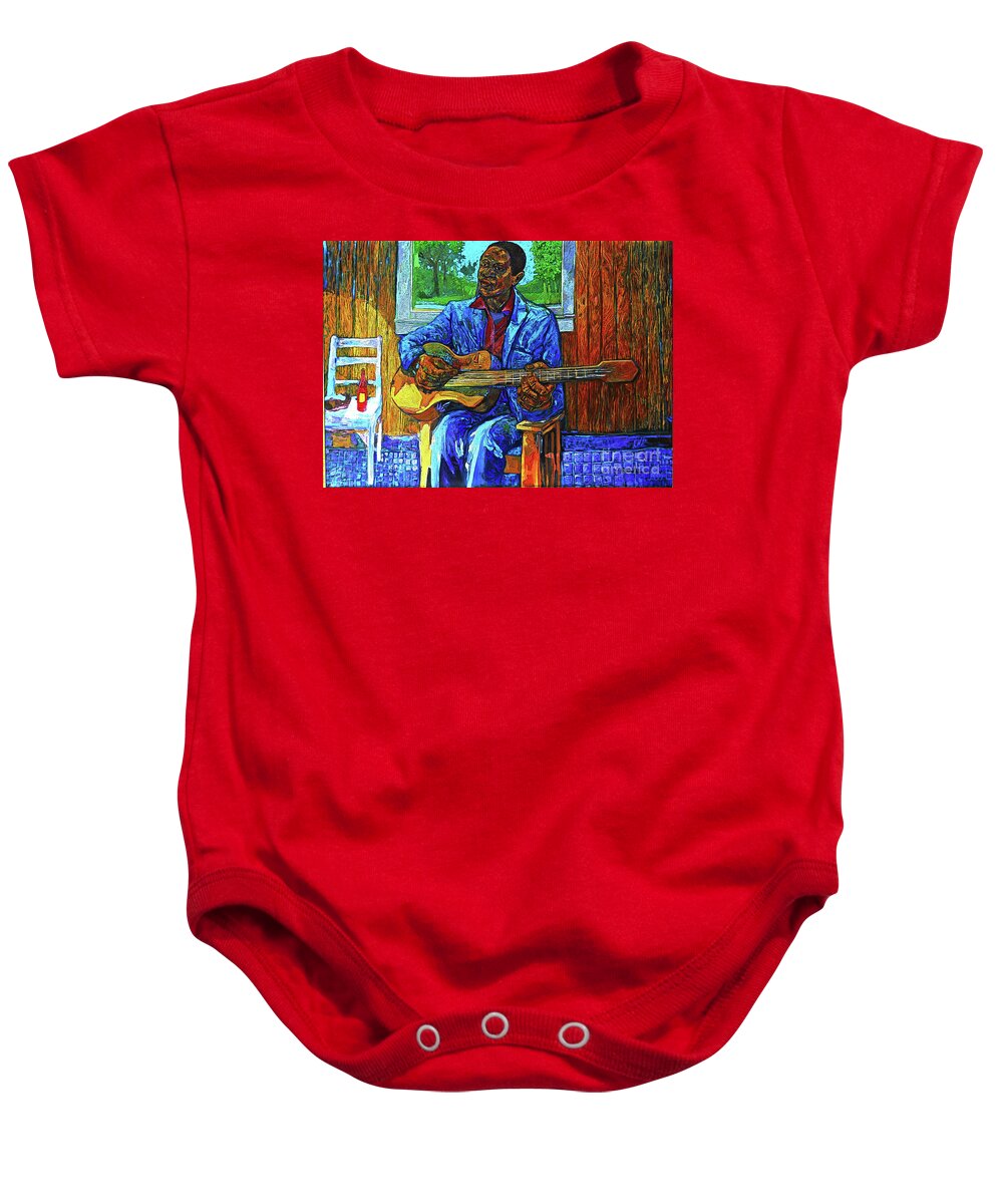 Blues Baby Onesie featuring the painting Bluesman, fish and hot sause by Joe Roache