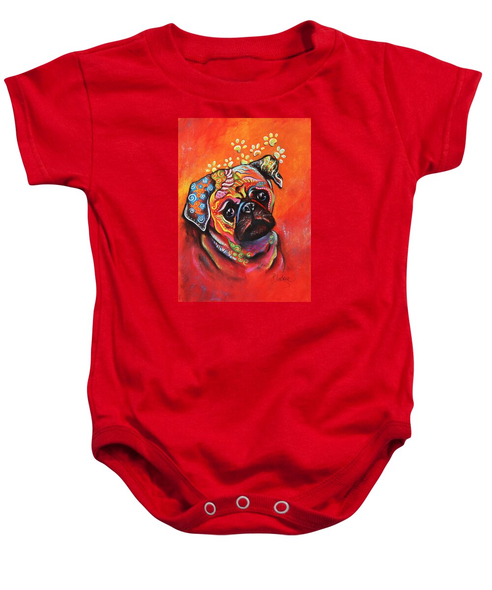 Pug Art Print Baby Onesie featuring the mixed media Pug by Patricia Lintner