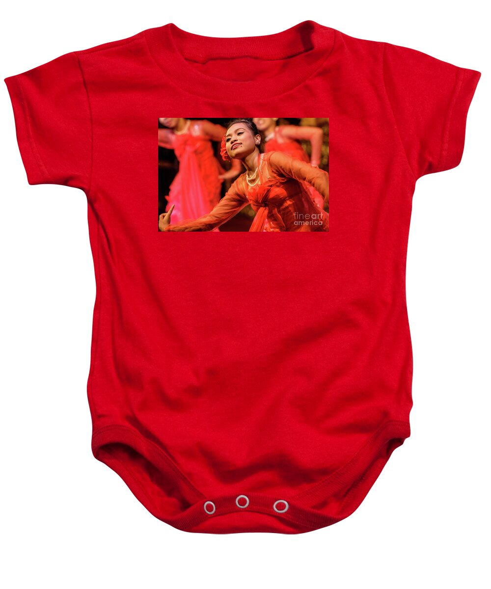 Dance; Ethnic; People;performer;performance;red;motion;movem Baby Onesie featuring the photograph Burmese Dance 1 by Werner Padarin